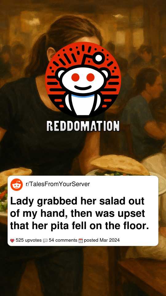 Lady grabbed her salad out of my hand, then was upset that her pita fell on the floor.