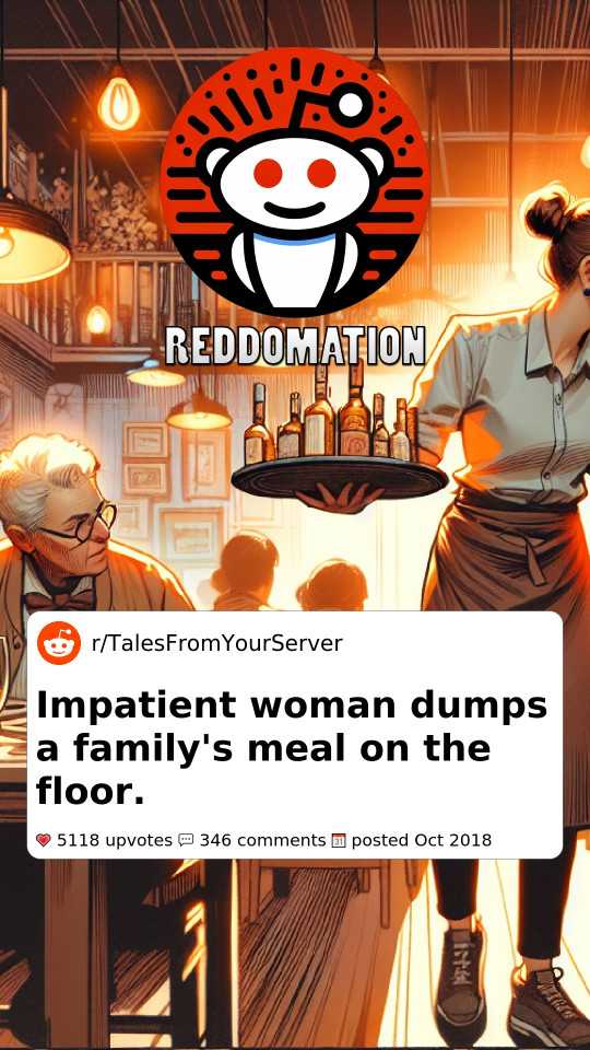Impatient woman dumps a family's meal on the floor.